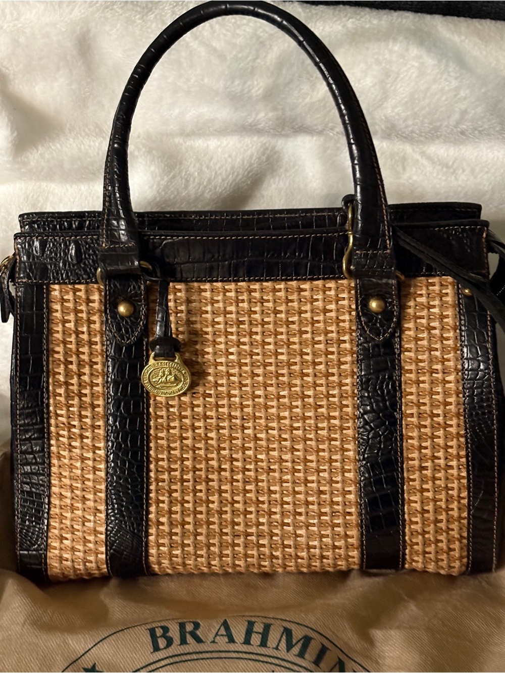 Brahmin Tan Woven Tote with Dark Brown Croc-Embossed Trim